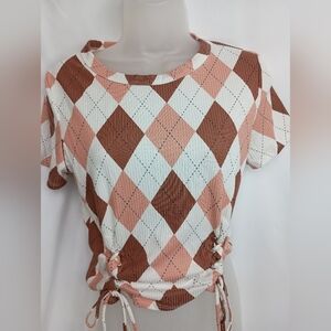 2/$30 FITZ AND EDDI Orange and Brown Argyle Crop Top with Tie Front (#110)